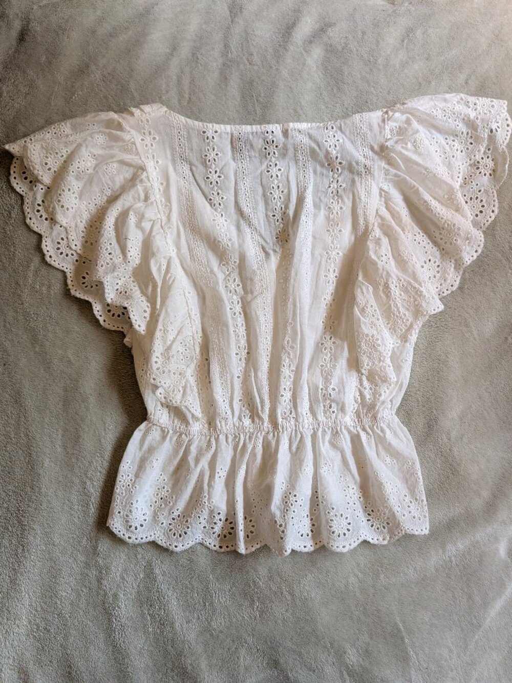 WOMEN'S LACE BLOUSE Pinch S Small Eyelet Button Up Ruffle Sleeves White Cinched - Picture 4 of 4